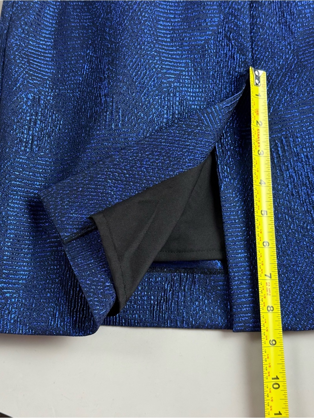 Teri Jon Rickie Freeman Sapphire Blue Metallic Off Shoulder Cocktail Dress 4 - Picture 13 of 14